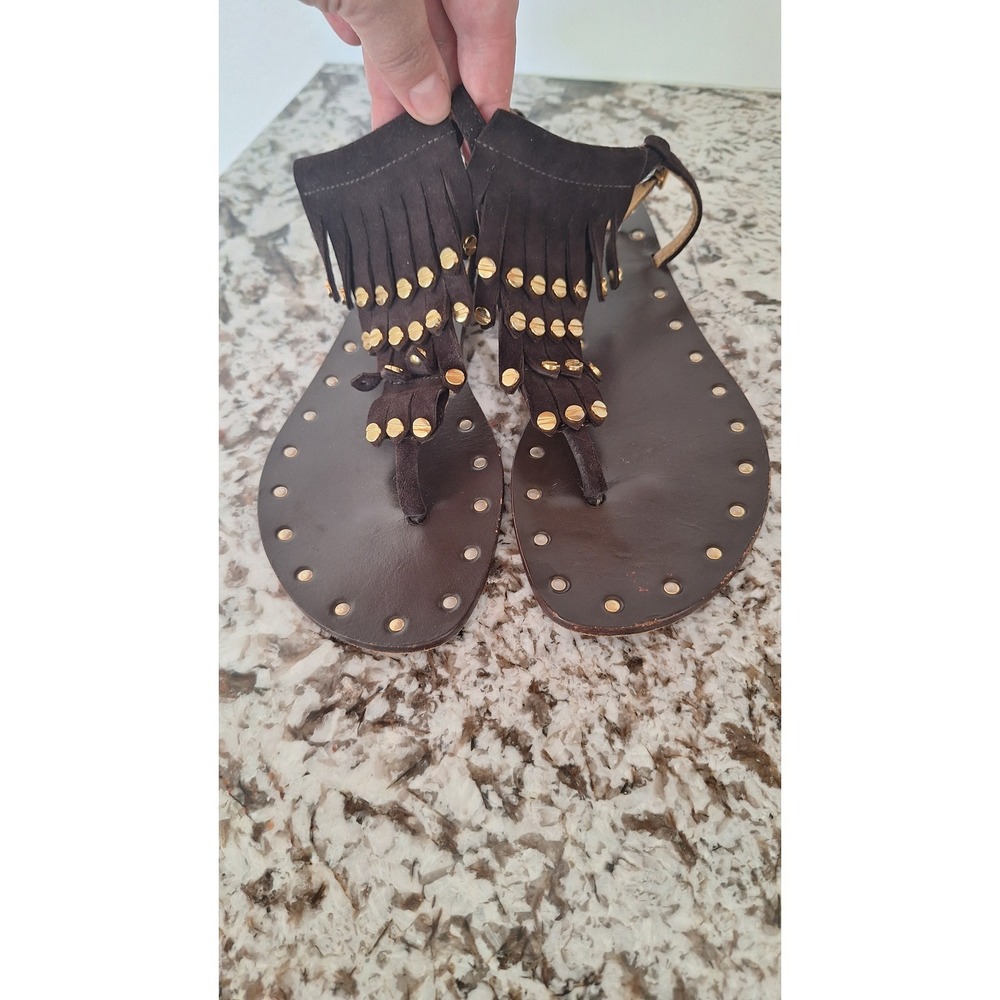 Tory Burch Brown Leather Fringe Studded Thong Sandals Gold Hardware 7.5M